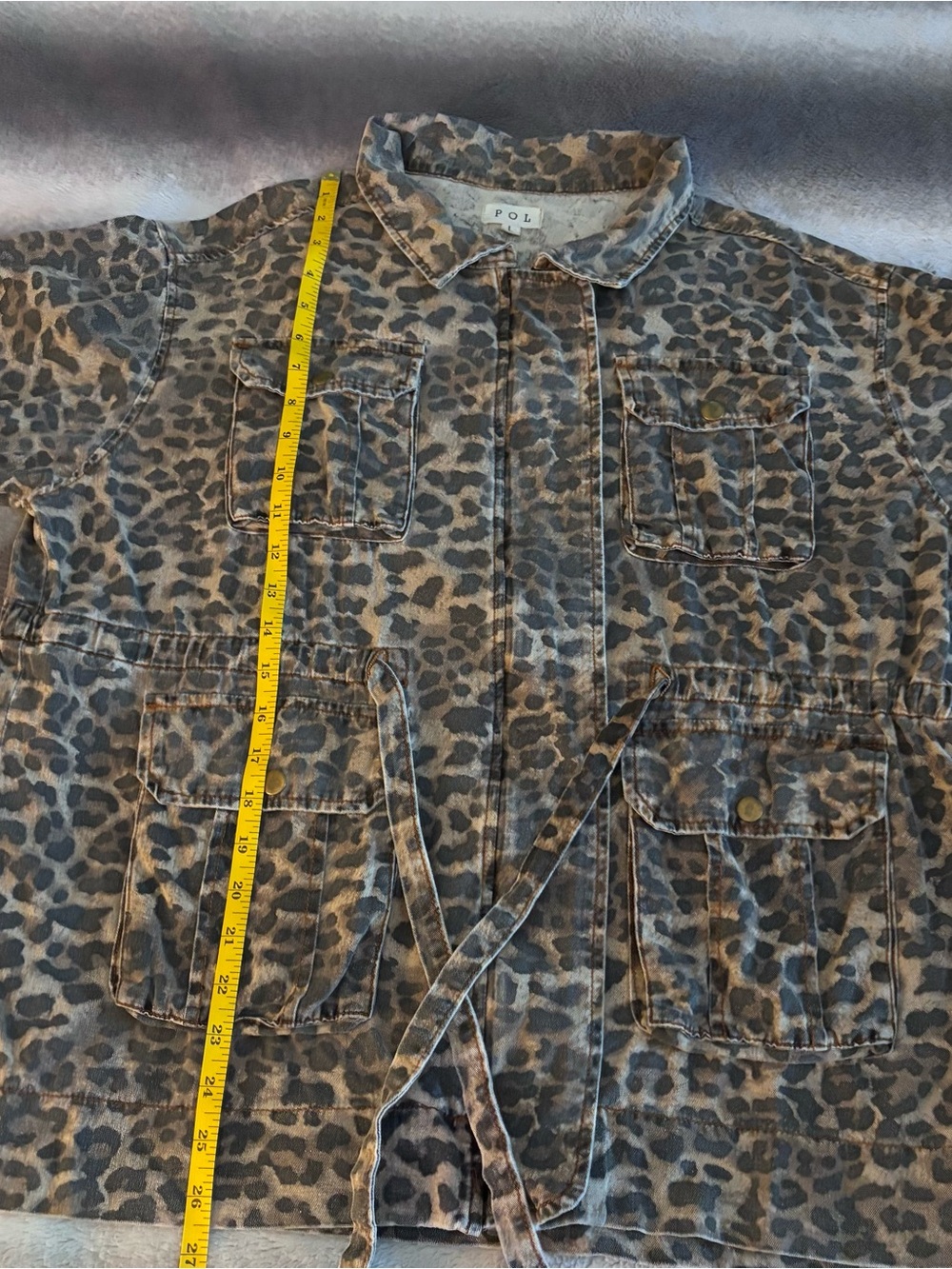POL Women's Leopard Cheetah Print Distressed Cargo Jacket Size L - Picture 13 of 15